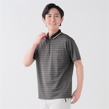 DUNLOP COLLECTION チビ衿ジップボーダーポロシャツ メンズ(チャコ－ルグレ－-M)