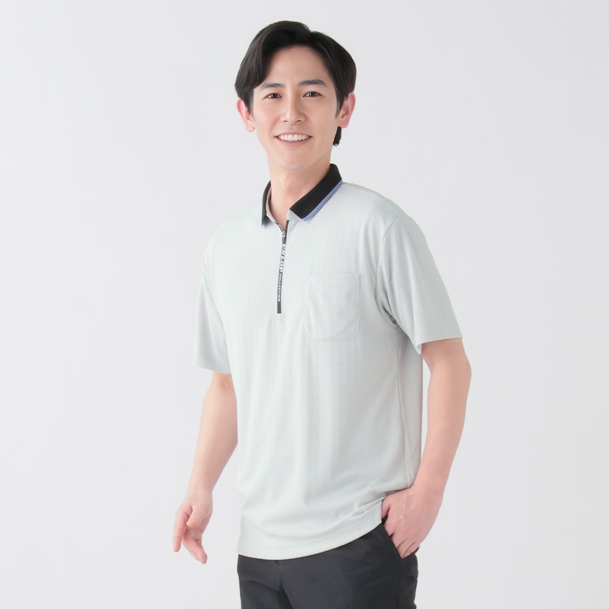 DUNLOP COLLECTION チビ衿ジップ千鳥柄ポロシャツ メンズ(ウスクロ-XL)