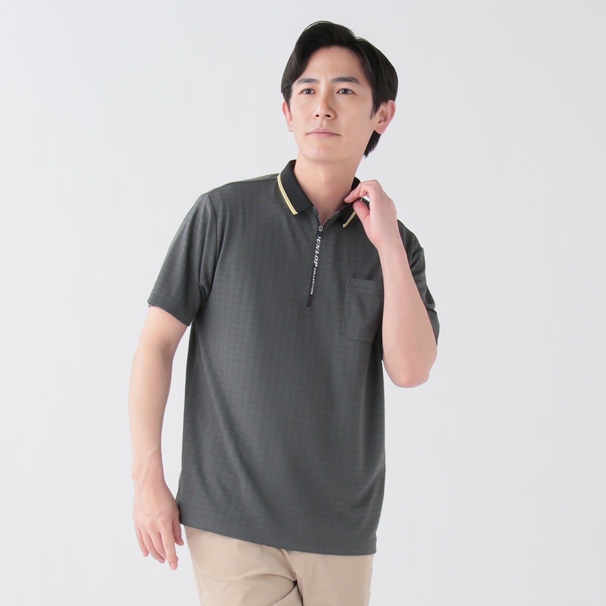 DUNLOP COLLECTION チビ衿ジップ千鳥柄ポロシャツ メンズ(チャコ－ルグレ－-L)