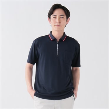 DUNLOP COLLECTION チビ衿ジップ千鳥柄ポロシャツ メンズ(コイアオ-M)