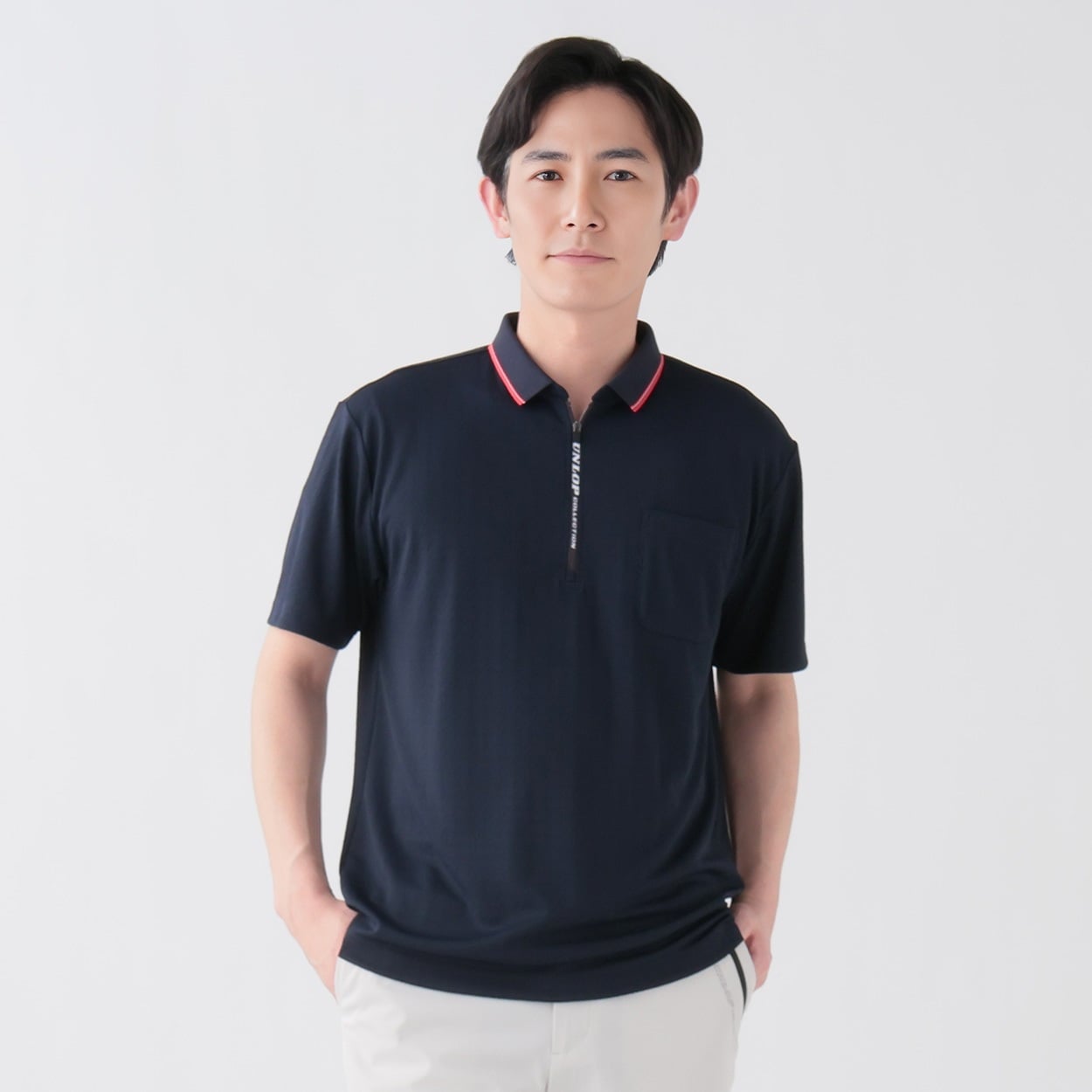 DUNLOP COLLECTION チビ衿ジップ千鳥柄ポロシャツ メンズ(コイアオ-XL)