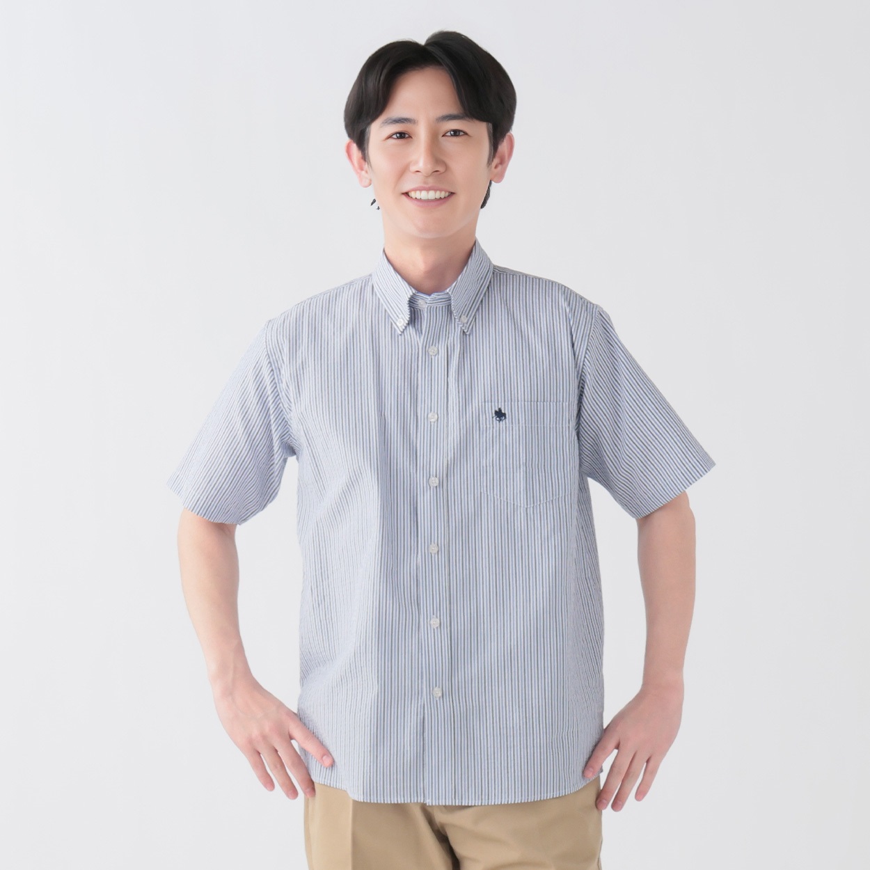 POLO BCS サッカーストライプシャツ メンズ(アオ-L)