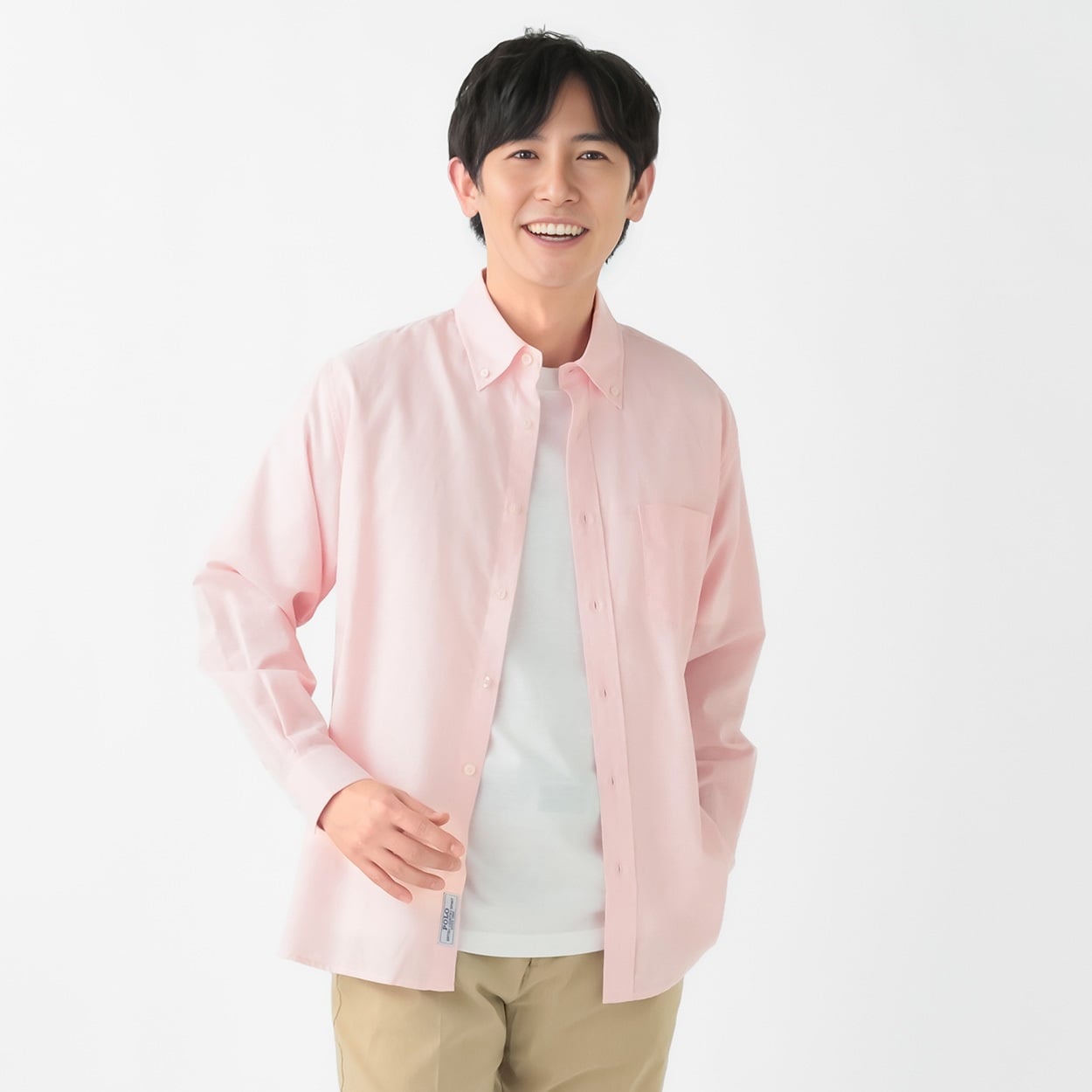 POLOBCS 麻入り無地シャツ メンズ(ウスアカ-XL)