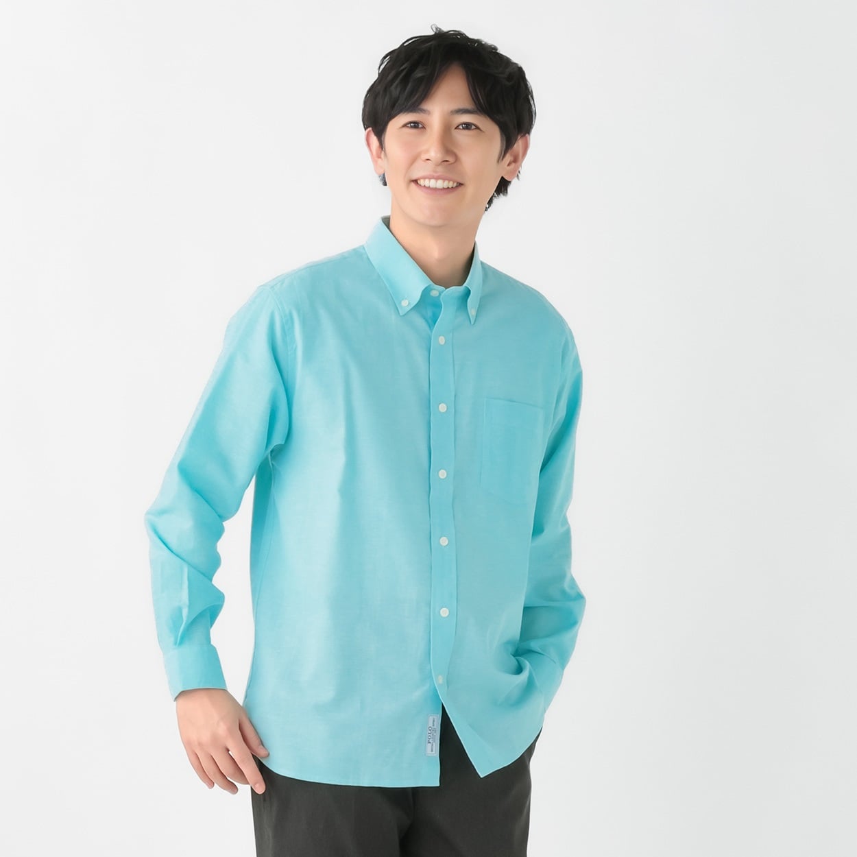 POLOBCS 麻入り無地シャツ メンズ(ウスミドリ-XL)