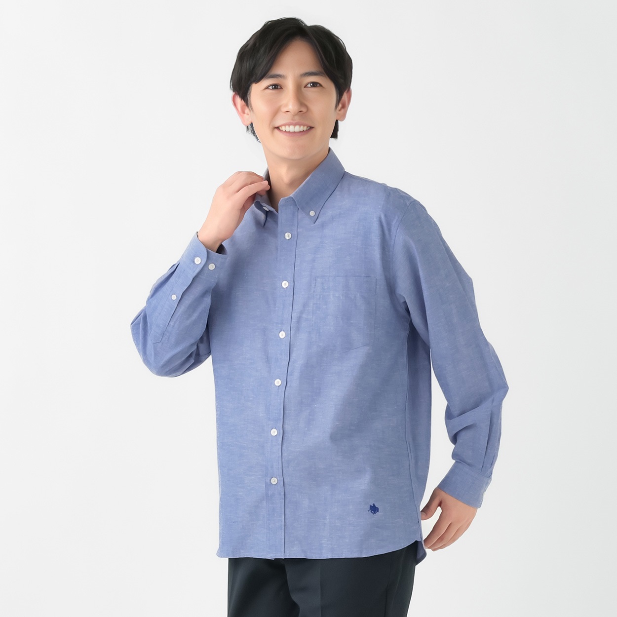 POLOBCS 麻入り無地シャツ メンズ(ウスアオ-M)