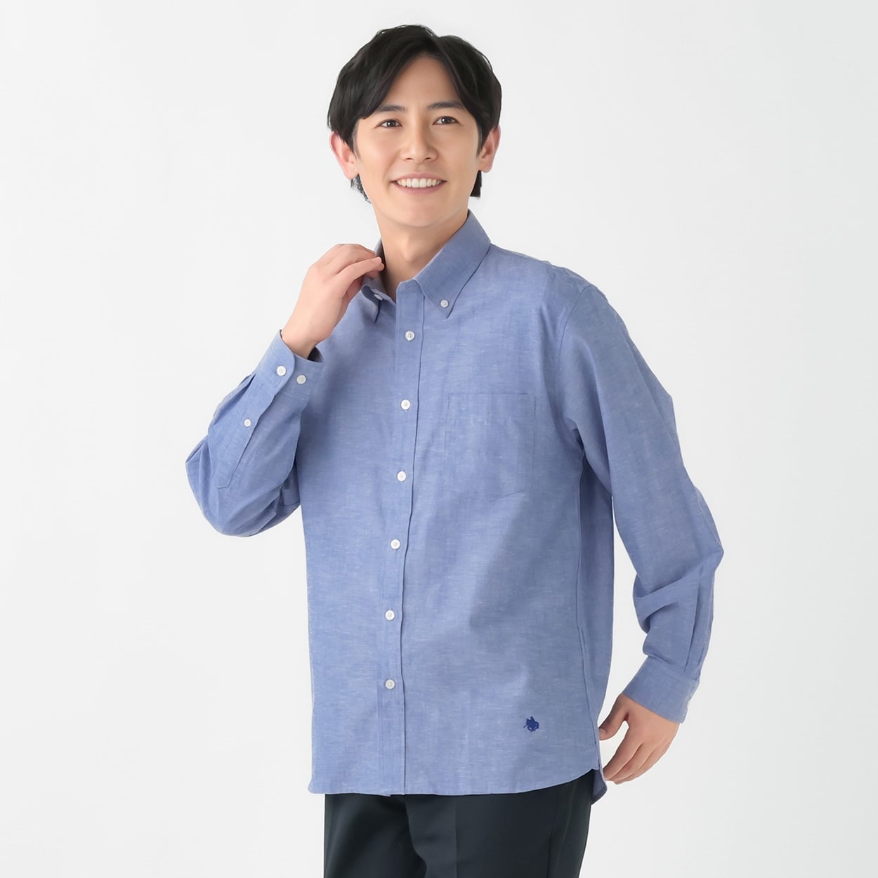 POLOBCS 麻入り無地シャツ メンズ(ウスアオ-XL)