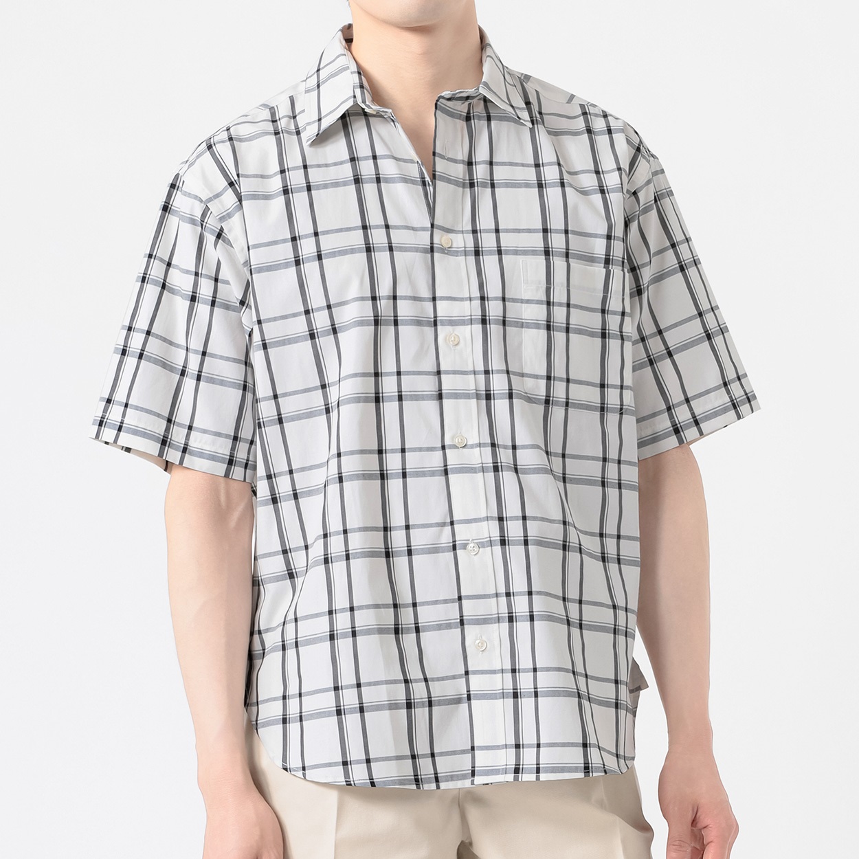 メルグラフ 半袖チェックシャツ メンズ(アイボリー-XL)