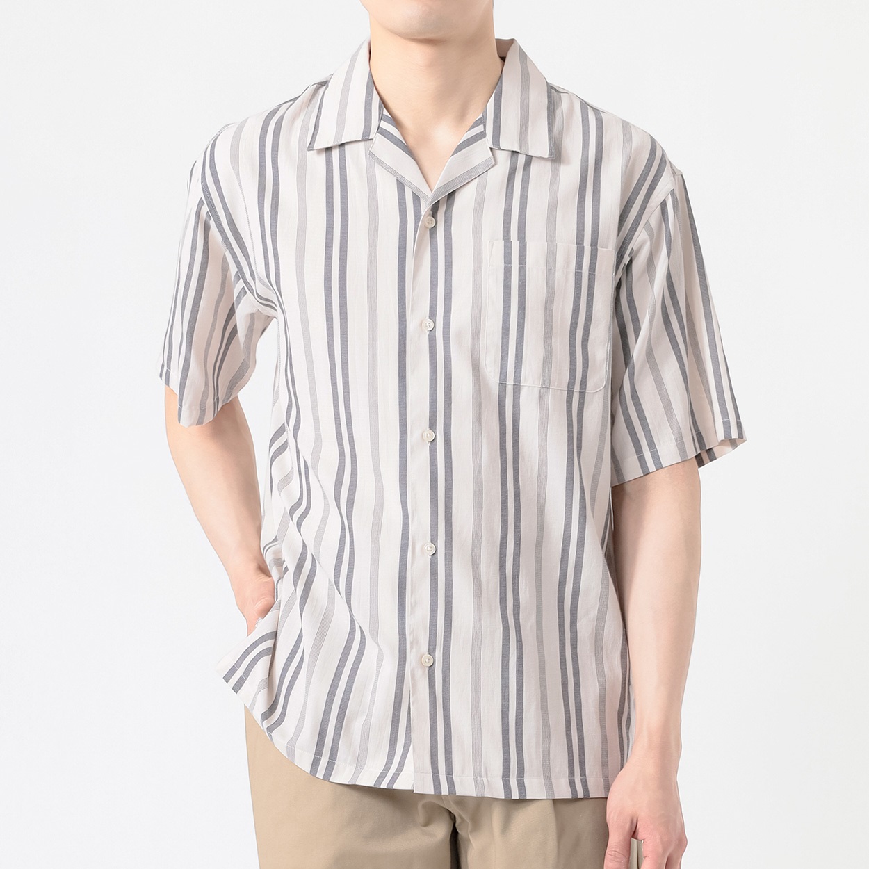 メルグラフ 開襟ストライプシャツ メンズ(アイボリー-XL)