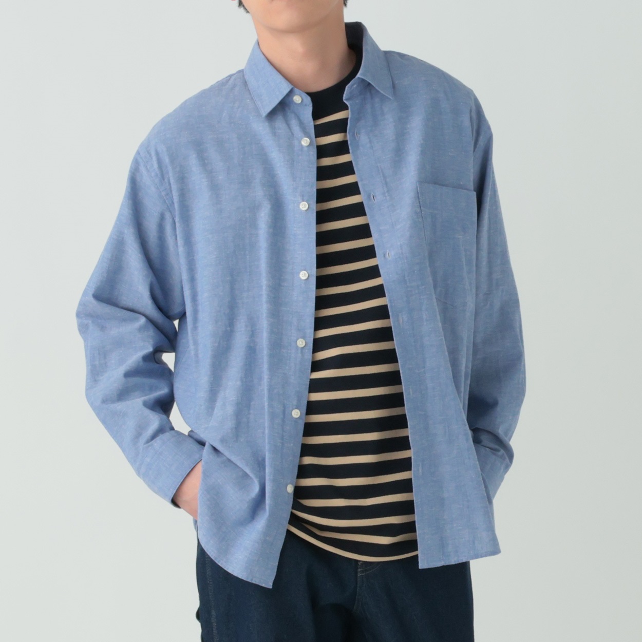 メルグラフ 麻入り無地シャツ メンズ(アオ-XL)