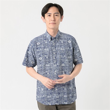 POLO BRITISH COUNTRY SPIRIT(ポロ・ビーシーエス) POLOBCS 総柄プリントシャツ メンズ(アオ-M)