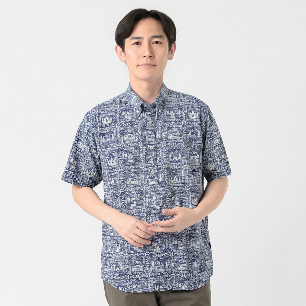POLO BRITISH COUNTRY SPIRIT(ポロ・ビーシーエス) POLOBCS 総柄プリントシャツ メンズ(アオ-M)
