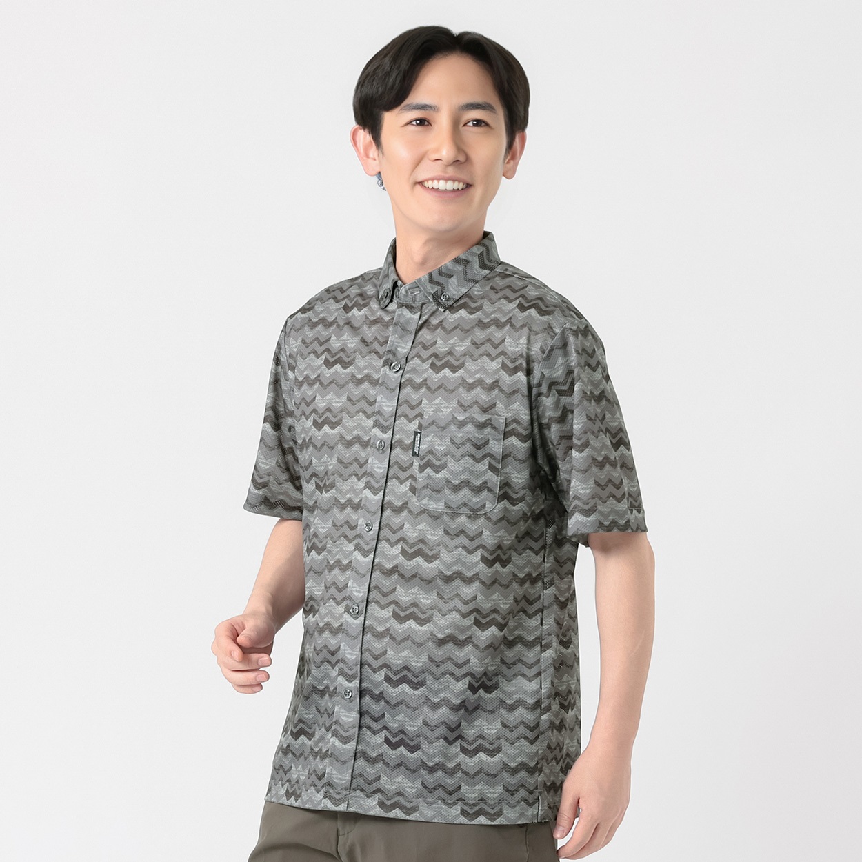 DUNLOP COLLECTION 総柄ボーダー半袖シャツ メンズ(チャコ－ルグレ－-L)