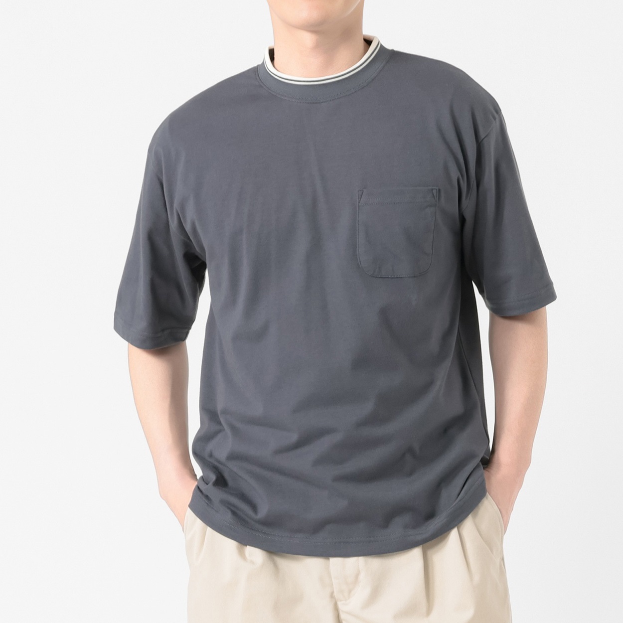 メルグラフ 衿ラインTシャツ メンズ(クロ-L)