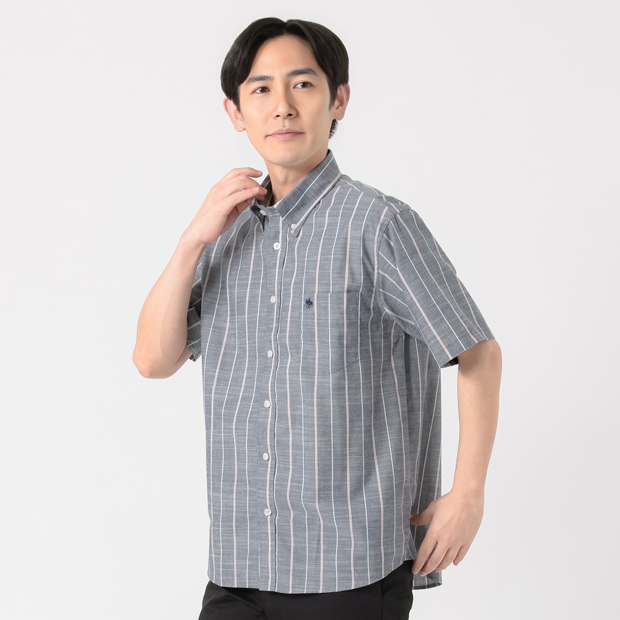 POLO BRITISH COUNTRY SPIRIT(ポロ・ビーシーエス) POLOBCS 麻入りストライプシャツ メンズ(アオ-L)