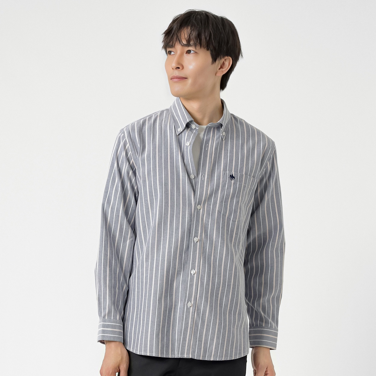 POLO BCS チェックストライプシャツ メンズ(アオ-XL)