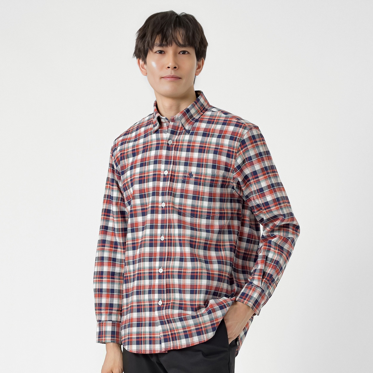 POLO BCS チェックシャツ メンズ(アカ-L)