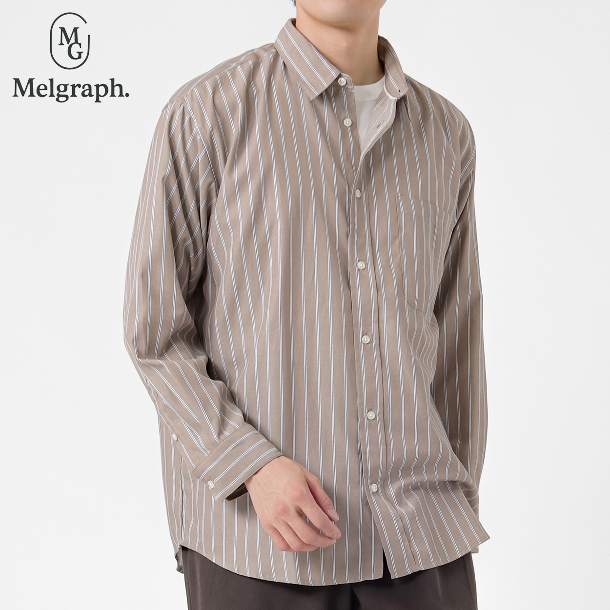 Melgraph.(メルグラフ) ストライプ長袖シャツ メンズ(チャ-M)