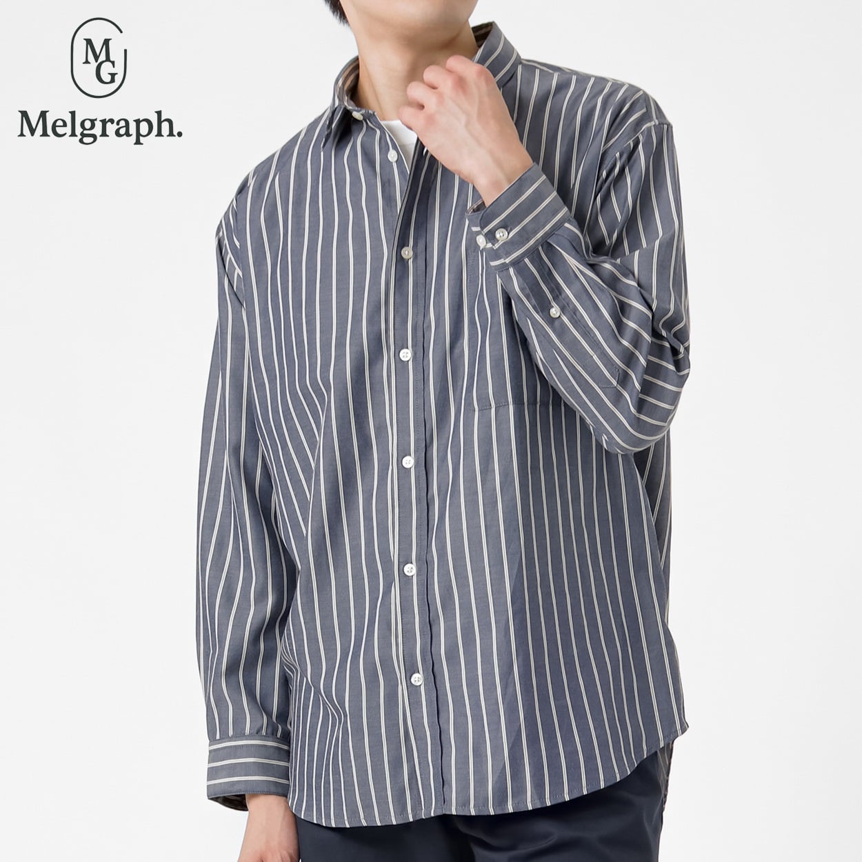 Melgraph.(メルグラフ) ストライプ長袖シャツ メンズ(コイアオ-L)