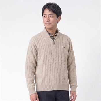 POLOBCS ケーブル柄ジップセーター メンズ(アイボリー-M)