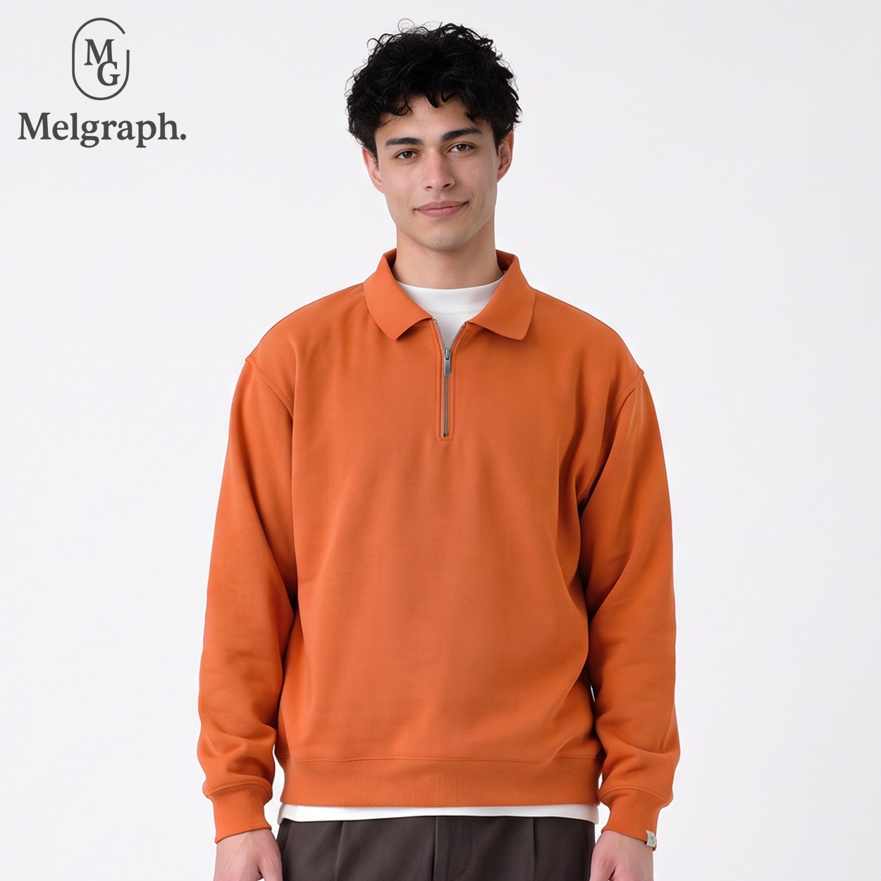 Melgraph.(メルグラフ) 裏起毛ジップポロシャツ メンズ(ダイダイ-M)