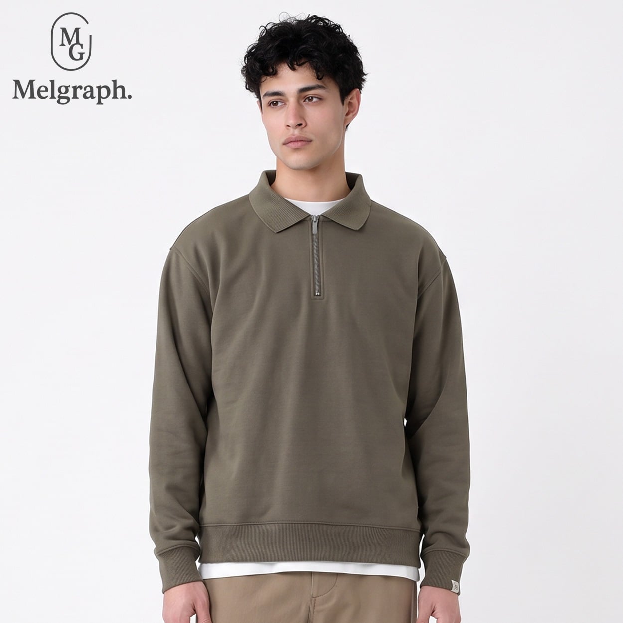 Melgraph.(メルグラフ) 裏起毛ジップポロシャツ メンズ(ミドリ-M)
