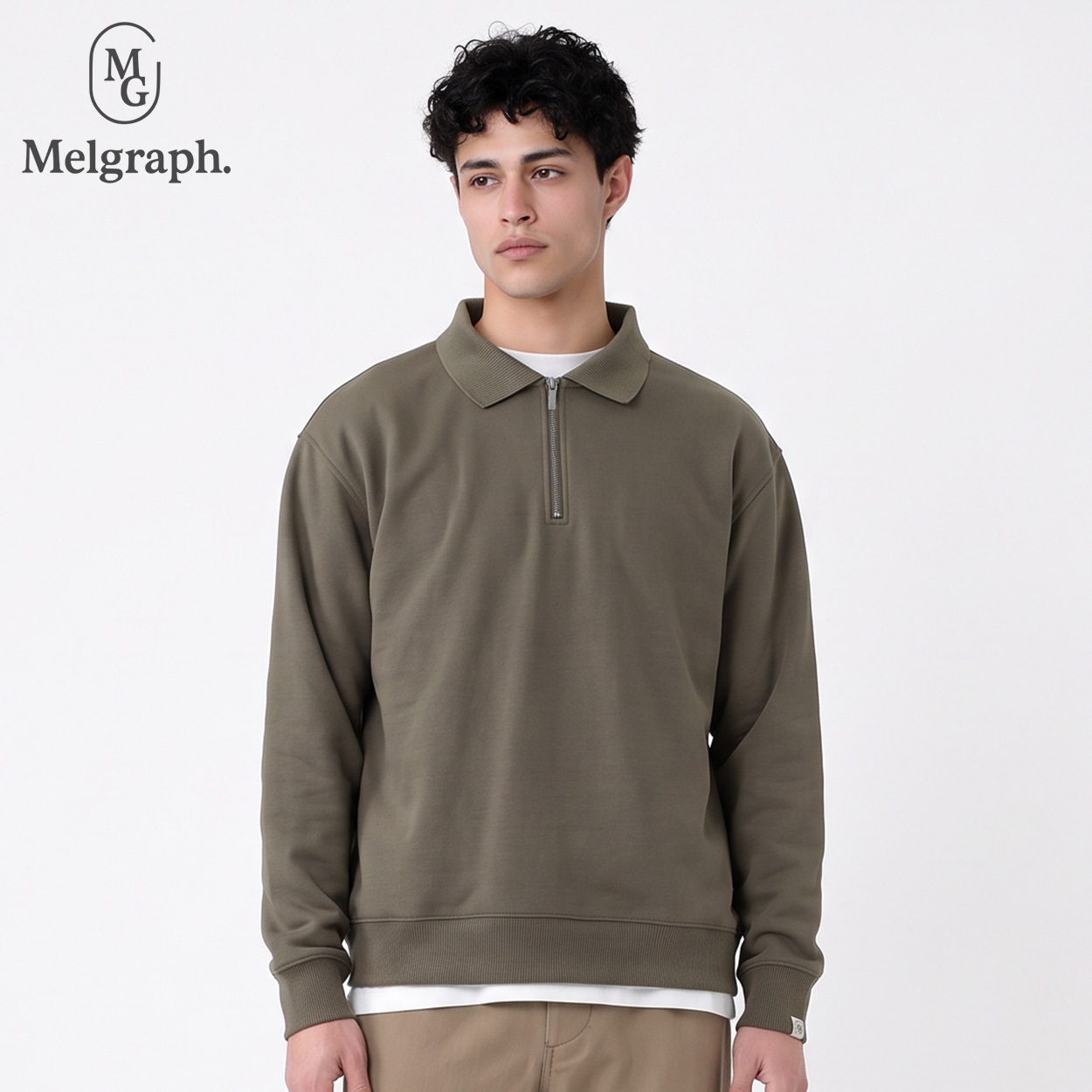 Melgraph.(メルグラフ) 裏起毛ジップポロシャツ メンズ(ミドリ-L)
