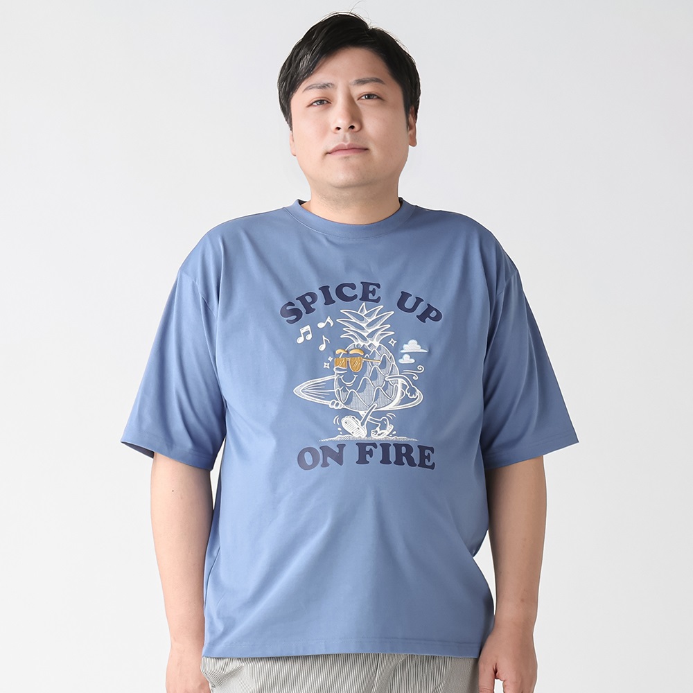 大きいサイズ 半袖刺繍プリントTシャツ メンズ GREATESS(グレイテス)(アオ-3L)