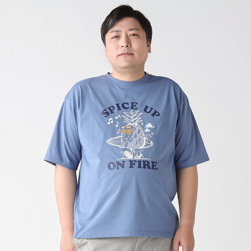 大きいサイズ 半袖刺繍プリントTシャツ メンズ GREATESS(グレイテス)(アオ-4L)