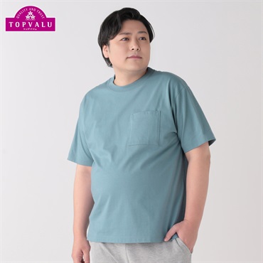 大きいサイズ コットンクルーネック半袖Tシャツ メンズ(アオ-3L)