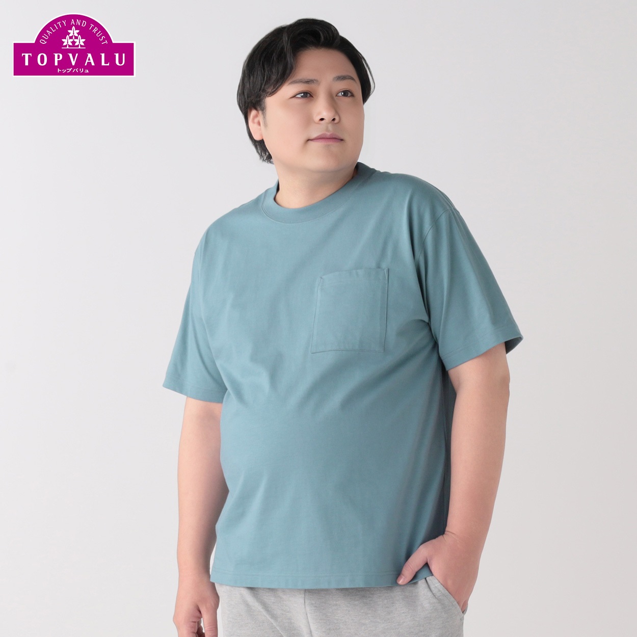 大きいサイズ コットンクルーネック半袖Tシャツ メンズ(アオ-2L)