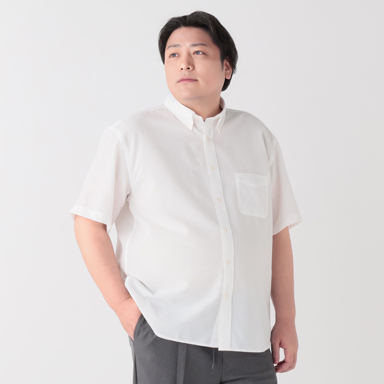 大きいサイズ  変形サッカーボタンダウンシャツ メンズ GREATESS(グレイテス)(シロ-4L)
