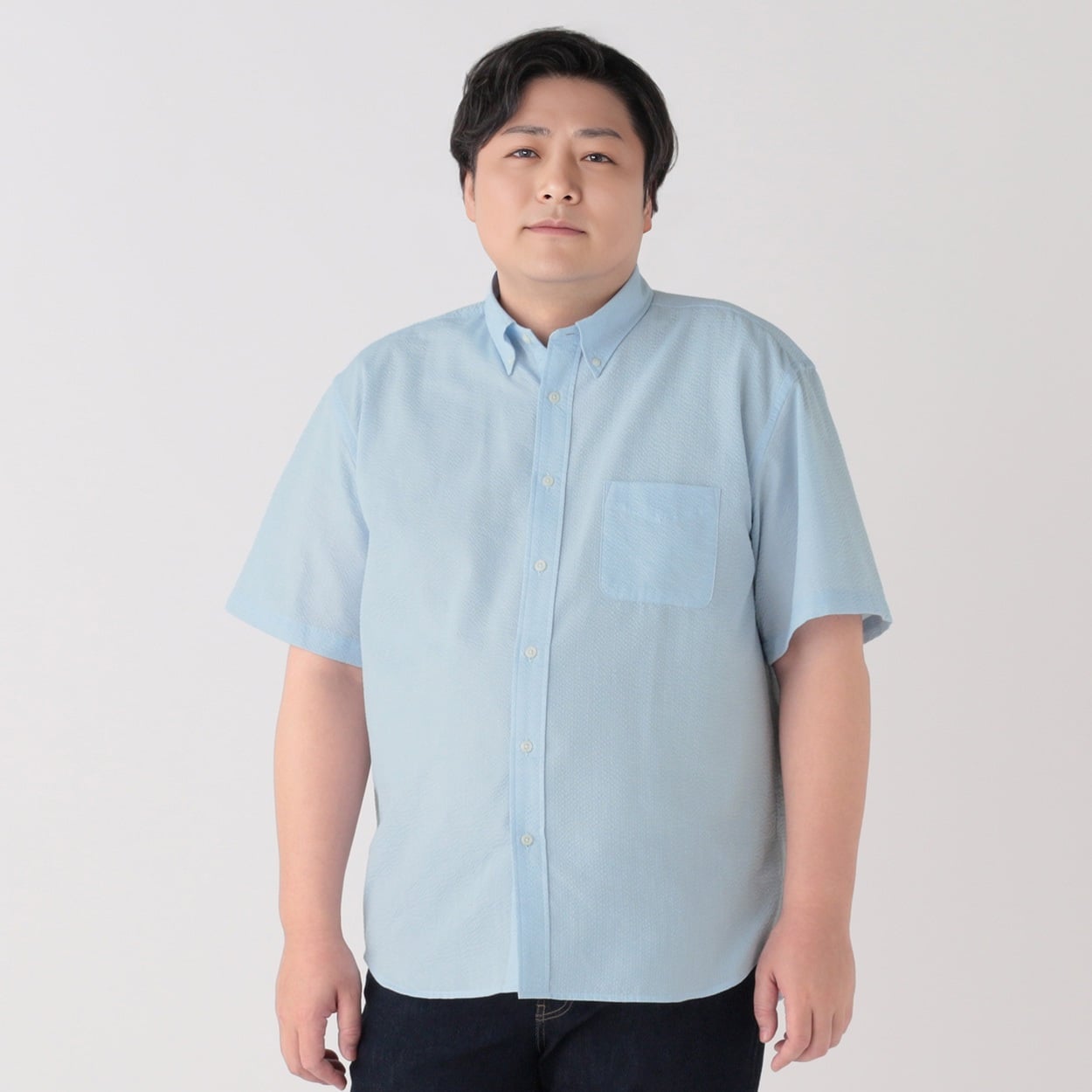 大きいサイズ  変形サッカーボタンダウンシャツ メンズ GREATESS(グレイテス)(ウスアオ-4L)