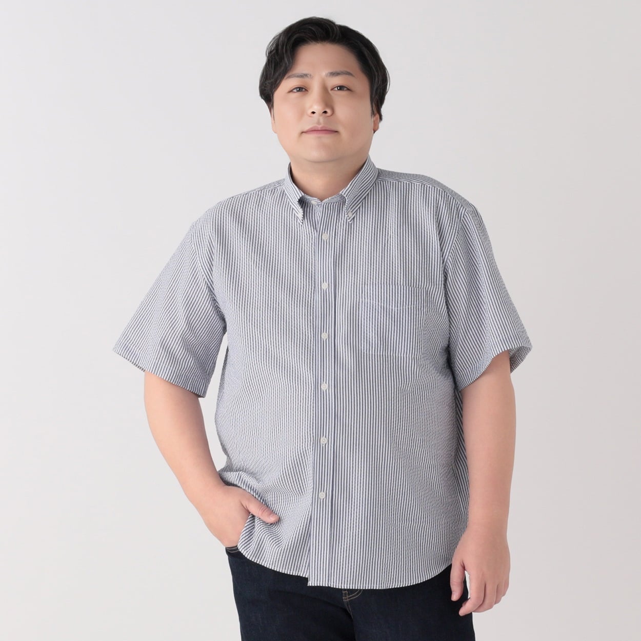 大きいサイズ  変形サッカーボタンダウンシャツ メンズ GREATESS(グレイテス)(Ａアオ-5L)