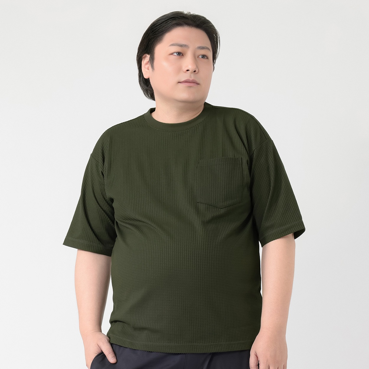 大きいサイズ 半袖SOLOTEXワッフルTシャツ メンズ GREATESS(グレイテス)(コイミドリ-2L)