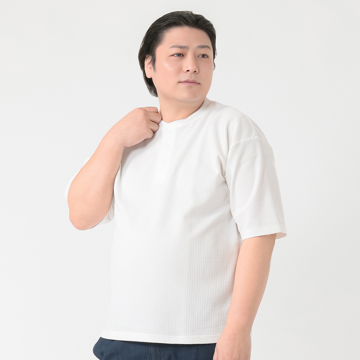 大きいサイズ 半袖SOLOTEXヘンリーTシャツ メンズ GREATESS(グレイテス)(シロ-5L)