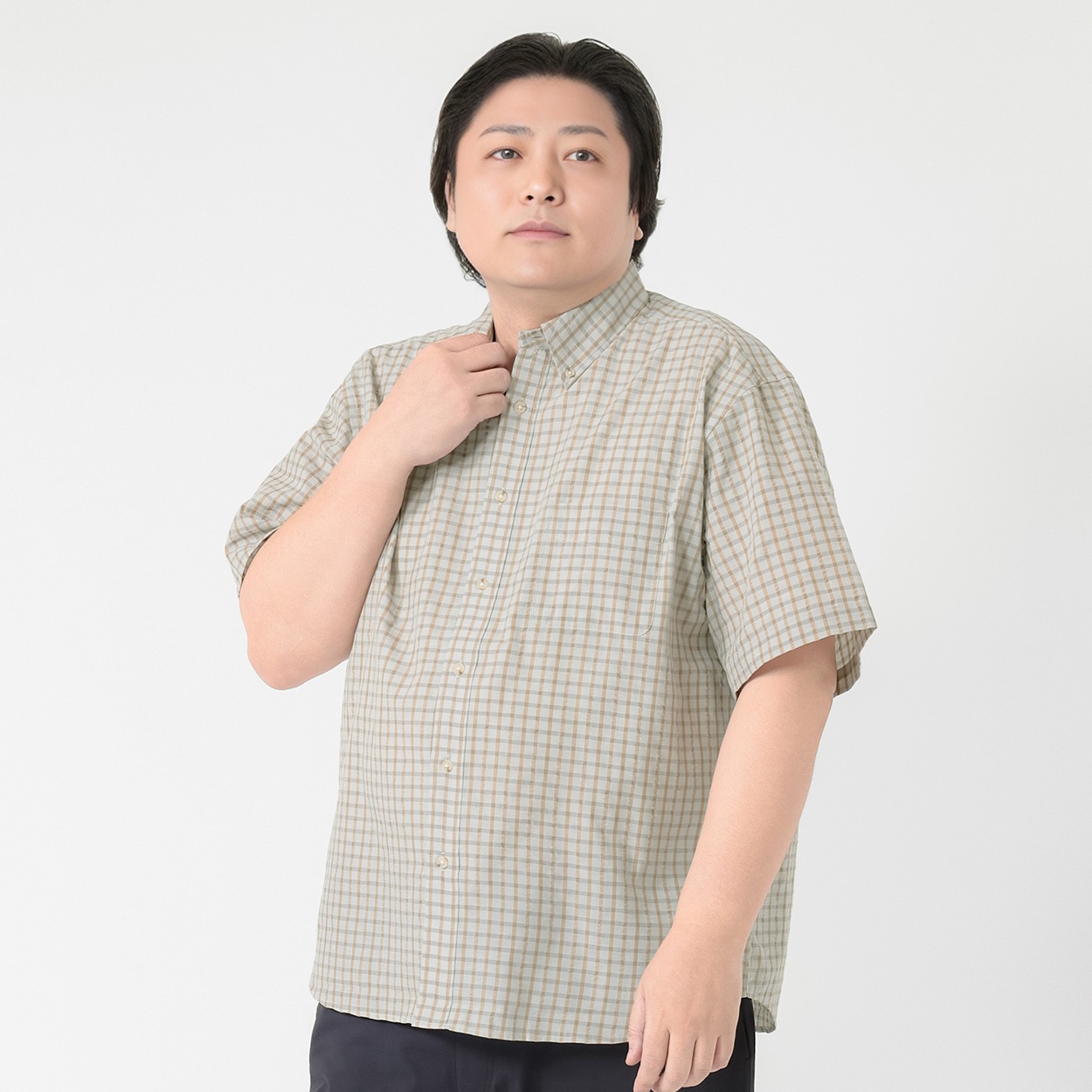 大きいサイズ　サッカーボタンダウンチェックシャツ メンズ GREATESS(グレイテス)(ウスチャ-4L)