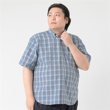 大きいサイズ　サッカーボタンダウンチェックシャツ メンズ GREATESS(グレイテス)(アオ-3L)