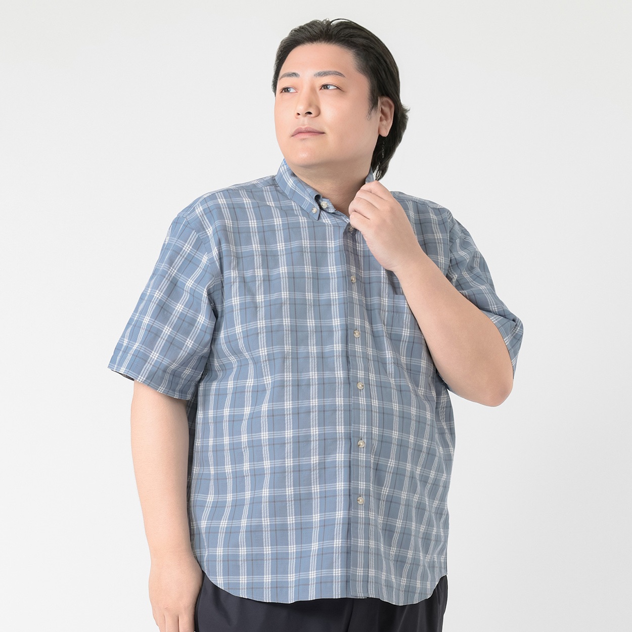 大きいサイズ　サッカーボタンダウンチェックシャツ メンズ GREATESS(グレイテス)(アオ-2L)