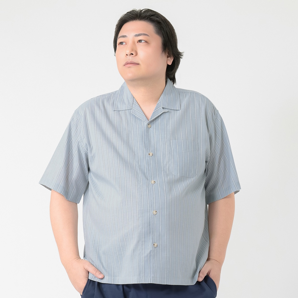 大きいサイズ　麻入りオープンカラーシャツ メンズ GREATESS(グレイテス)(ウスアオ-3L)