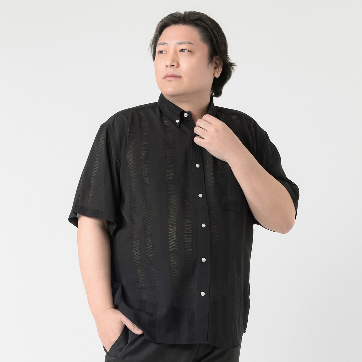 部分アキハボタンダウンシャツ メンズ GREATESS(グレイテス)(クロ-3L)
