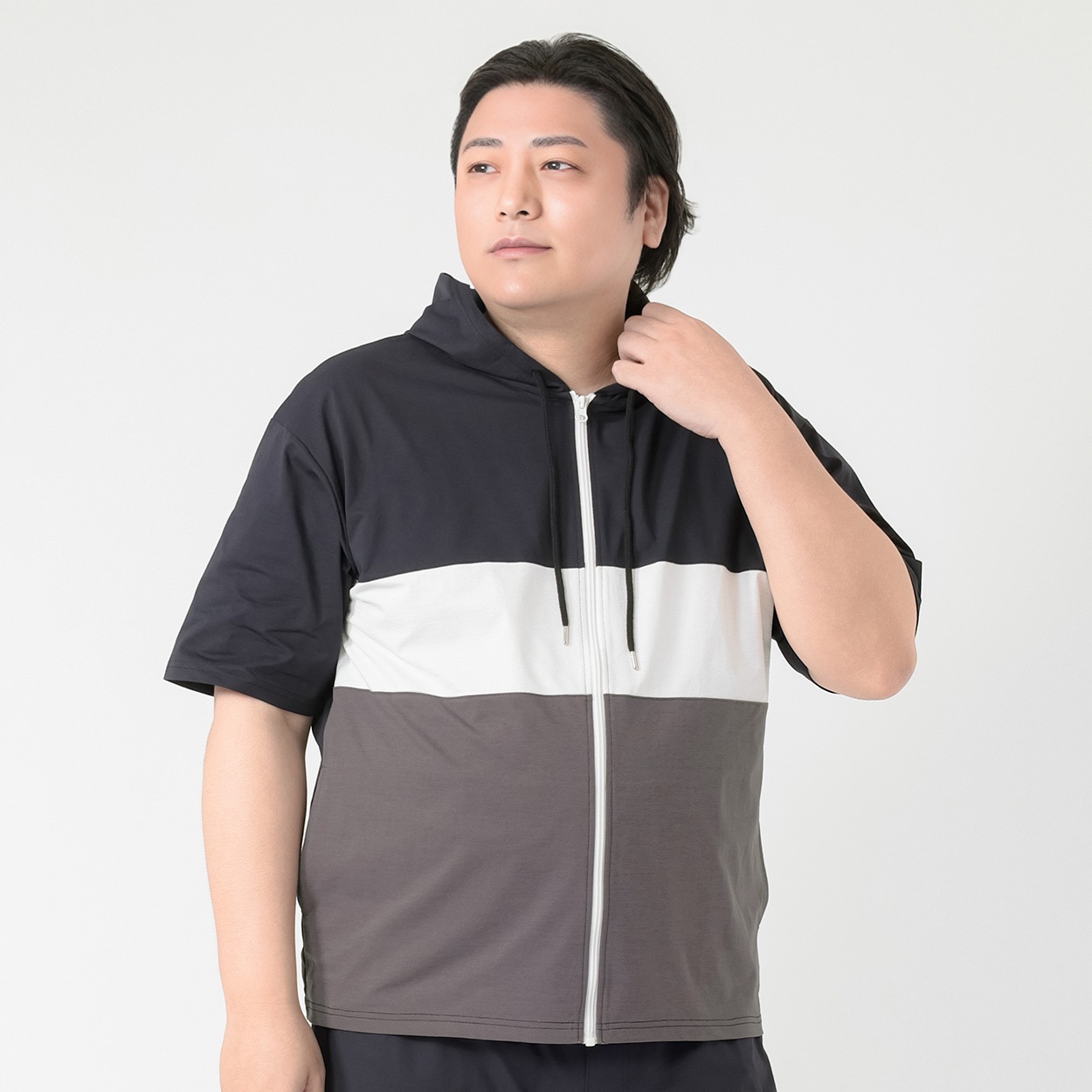 大きいサイズ 半袖SOLOTEX切替パーカ メンズ GREATESS(グレイテス)(クロ-4L)