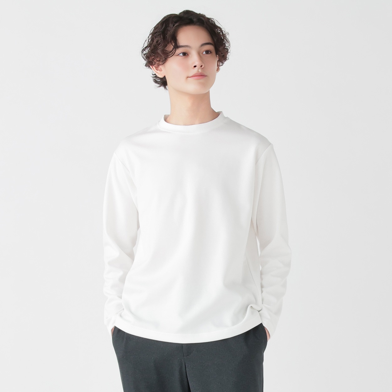DAUSPICE クルーネック長袖Tシャツ メンズ(ホワイト-L)