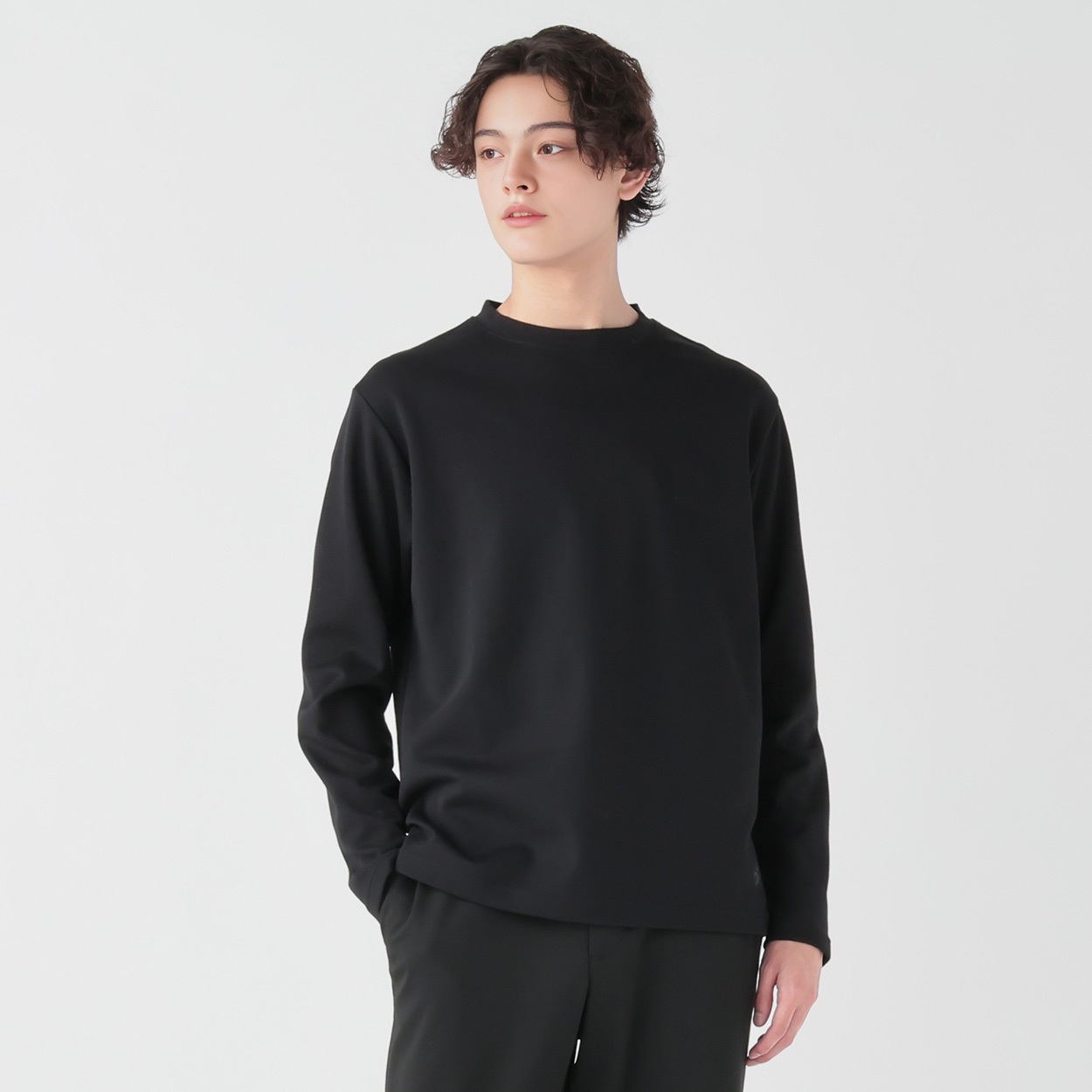 DAUSPICE クルーネック長袖Tシャツ メンズ(ブラック-L)