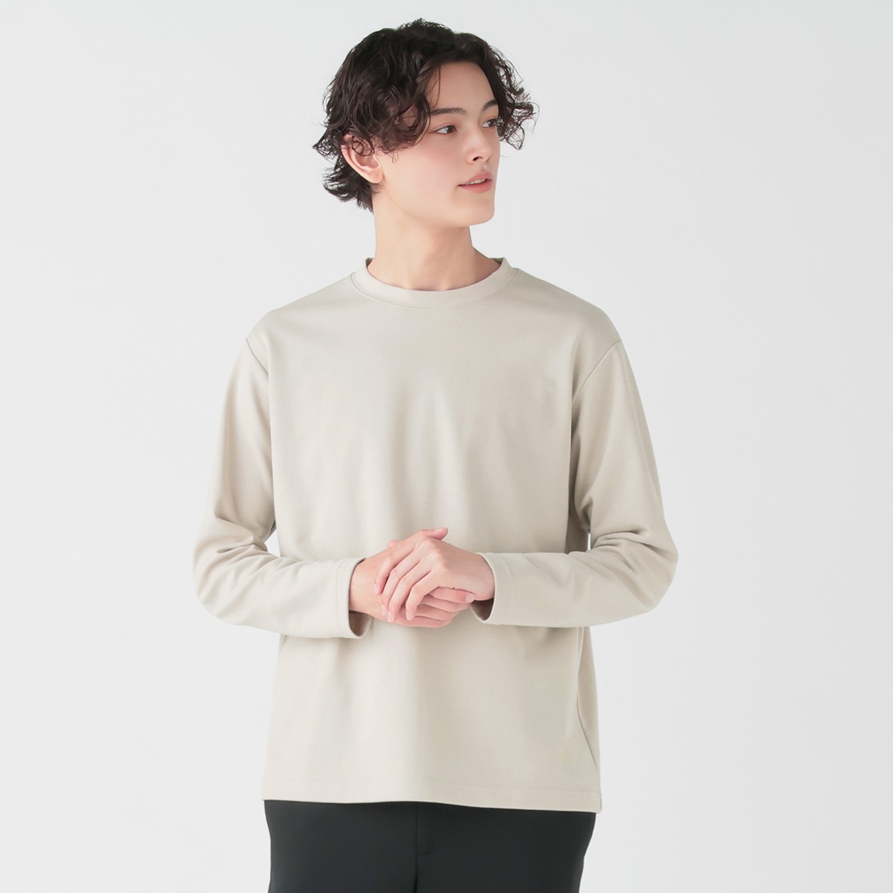 DAUSPICE クルーネック長袖Tシャツ メンズ(ベージュ-M)