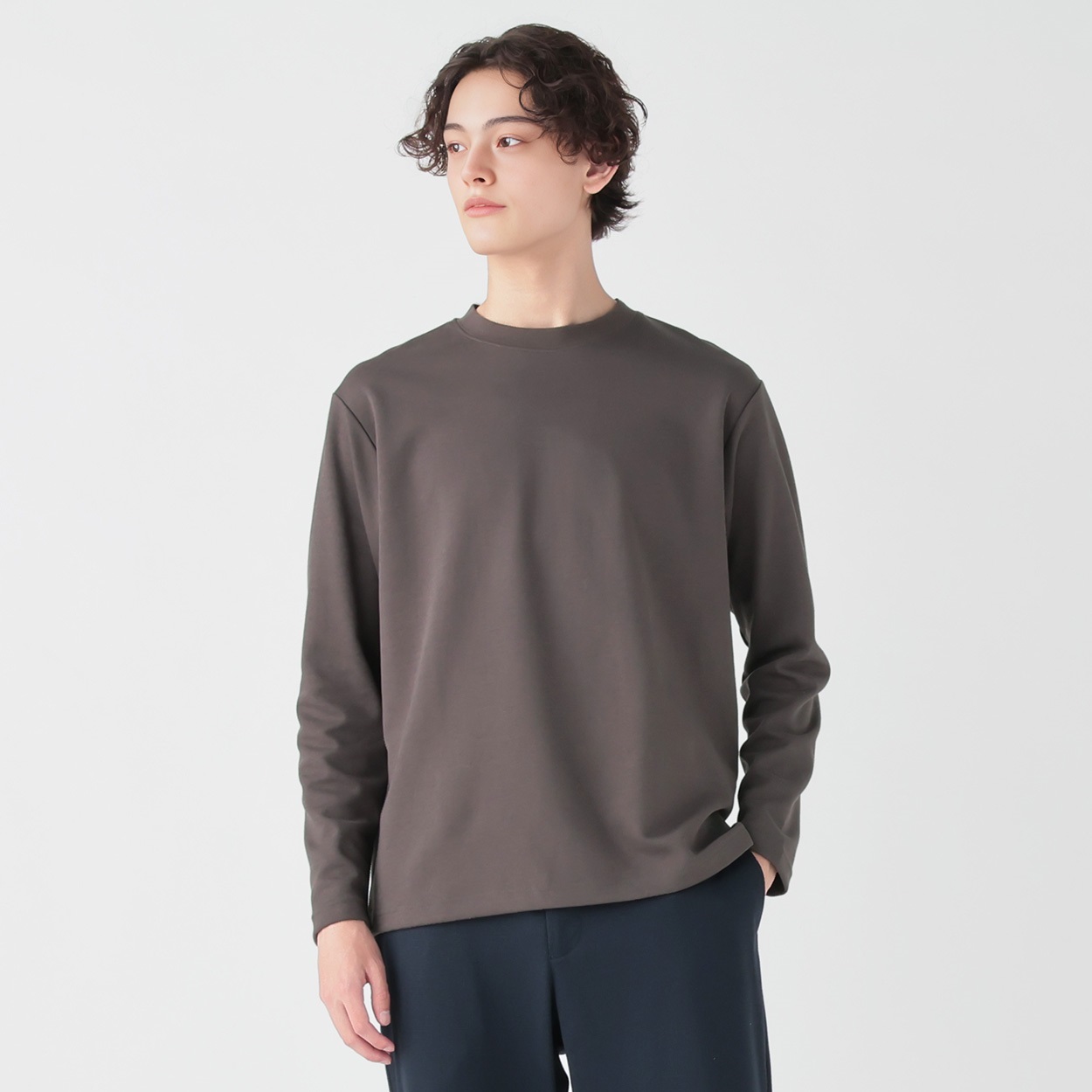 DAUSPICE クルーネック長袖Tシャツ メンズ(ブラウン-LL)