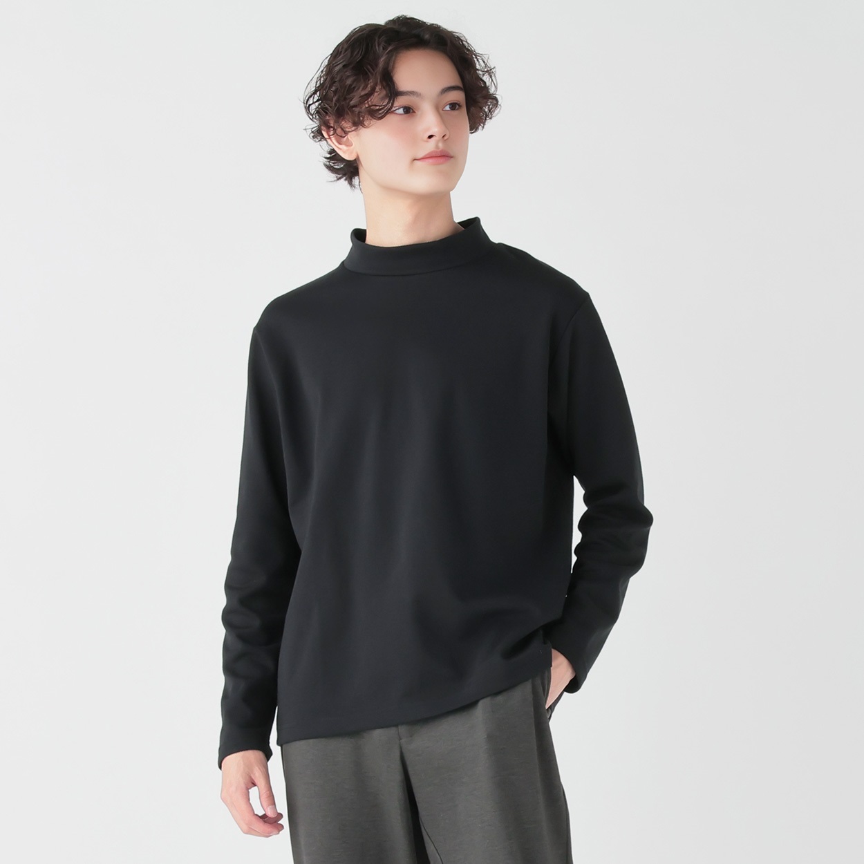 DAUSPICE モックネック長袖Tシャツ メンズ(ブラック-LL)
