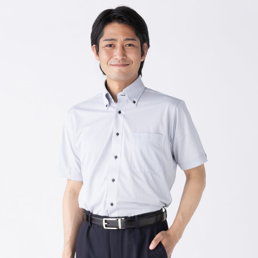 marie claire homme ニットトレンドスタイル半袖ドレスシャツ メンズ(クロ-L)
