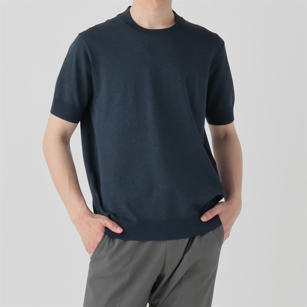 美品】HILTON 青 クルーネック 半袖ニット M クルーネック 半袖