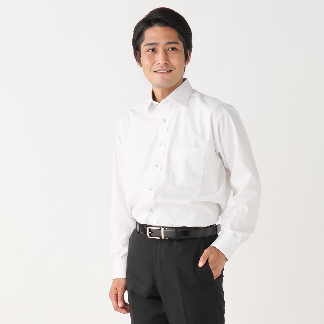 形態安定 接触冷感 長袖オフィスドレスシャツ メンズ(Ａシロ-43-84)