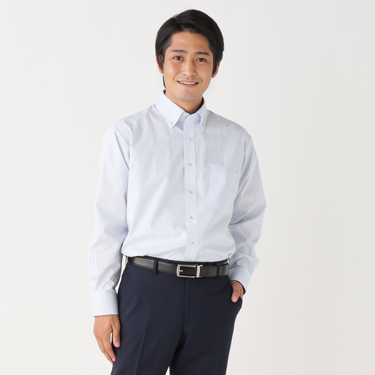 形態安定 接触冷感 長袖オフィスドレスシャツ メンズ(ウスアオ-39-82)